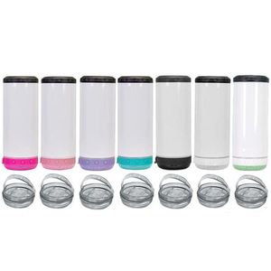 16oz 4 in 1 Can Cooler Cups Sublimation Blanks Music Straight Tumbler Two lids Stainless Steel Vacuum Insulated Bottle With Waterproof Wireless Bluetooth Speaker