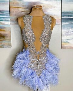 Sky Blue Sparkly Short Prom Homecoming Kleider für Frauen Luxus Diamant Kristall Feder Geburtstag Cocktailkleid vestidos de gala