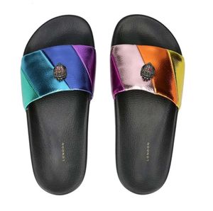 Kurt Geiger Mulheres Flat Bottom Chinelos Splice Rainbow Sandálias Designer Sapatos Moda Eagle Head Inlaid Diamond Slipper Verão Flat Beach Luxury Flip Flops 55