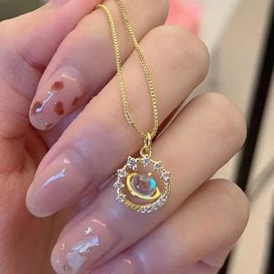 Planet Universe Colorido Saturno Zircão 14k Colar de Ouro Amarelo para Mulheres Acessórios Diários de Moda Personalizados Joias de Festa Presentes de Aniversário