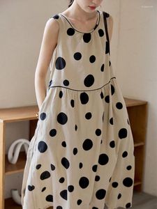 Casual Dresses Summer Dress 2024 Korean Fashion Arts Style Women Sleeveless Dot Print All-matched Cotton Linen O-neck Tank