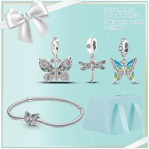 Lose Edelsteine Diasy 925 Sterling Silber Insekt Serie Schmetterling Libelle Glühwürmchen Armband Charms Set mit grüner Box für Frauen Geschenk