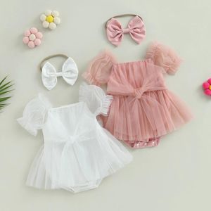 Rompers pudcoco spädbarn född baby flicka sommarkläder kort ärm båge front romper tulle klänning med pannband set 2 st kläder 0-24m