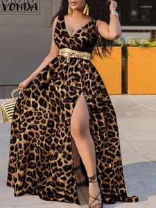Casual Dresses VONDA Vintage Women V Neck Leopard Printed Sundress 2024 Pleated Side Slit Vestidos Maxi Robe Bohemian Long Party Dress