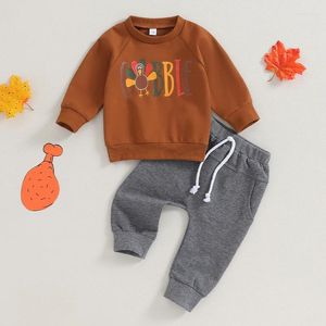 Conjuntos de roupas Focusnorm 0-3y infantil bebê meninos roupas conjunto 2 pcs manga longa turquia carta impressão moletom com calças de ação de graças