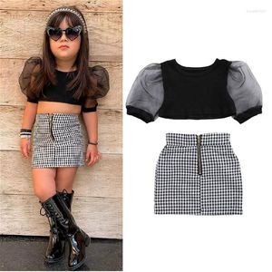 Clothing Sets Fashion Toddler Baby Girls Clothes Kids Summer Puff Sleeve Mesh T-shirts Tops Plaid Print Zipper Skirt Outfit 1-6Y