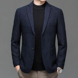 Blazer di lana classici da uomo Giacche da abito in misto lana di pecora blu scuro blu scuro Abiti da lavoro casual con colletto dentellato Abiti eleganti 240125