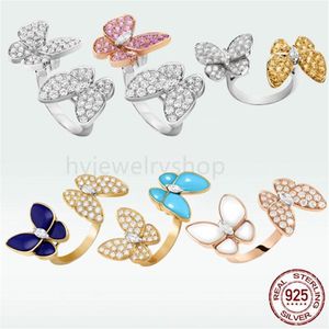 Vac 4 Four Leaf Clover Designer Butterflies Band Ring With Diamond Original 925 Silver Sterlling 18K Yellow Gold Jewelry Engagemen3081