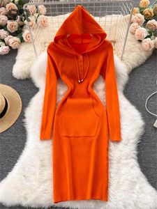 Casual Dresses Singreiny Drawstring Winter Hooded Dress Women Pocket Long Sleeve Solid Retro Ladies Fashion BodyCon Stick