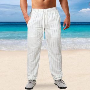 Calças masculinas de linho casual longo solto leve cordão yoga praia calças cor sólida macio streetwear