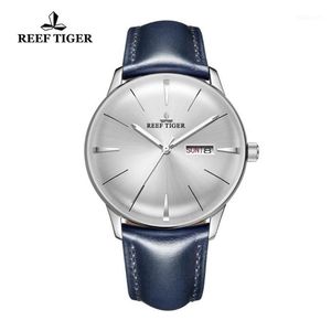 Relógios de pulso 2021 Reef Tiger RT Vestido Relógios para Homens Azul Banda De Couro Convexa Lente Branco Dial Automático RGA82381224L