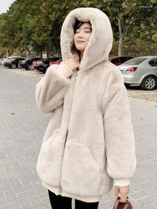 Women's Fur In Faux Mid Length Clothing Autumn Winter Casual Loose Thickening Plush Hooded Coat Woman 2024 Jacket