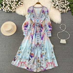 Casual Kleider 2024 Sommer Fashion Runway Elegante Chiffon Maxi Kleid Frauen Tiefem V-ausschnitt Druck Boho Urlaub Party Lange Robe vestidos M2287