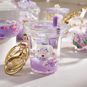 Keychains Purple Liquid Oil Milk Tea Cup Keychain Cute Floating Quicksand Rabbit Keyring Women Girl Bag Pendant Key Chain Jewelry Gifts