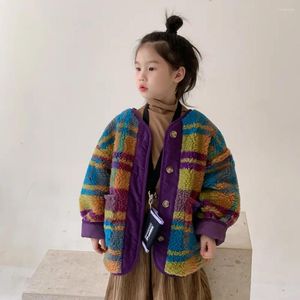 Down Coat Winter Girls Moda Renkli Ekose Polar Kalın Ceketler Çocuklar Sıcak Berber Tek Göğüslü Palto Çıkışlar