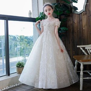 Girl Dresses Champagne Children Girls Lace Princess Evening Dress Prom Wedding Birthday Party Catwalk Flower Ball Gown For