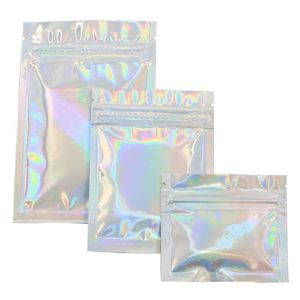 Sacchetti piatti olografici in PET intero Storge Laser Mylar Foil Pouch Borsa riutilizzabile per cosmetici 100 PCS264E