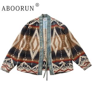 ABOORUN Men Retro Cardigan Robe National Denim Patches Jackets Streetwear Coat for Male 240119