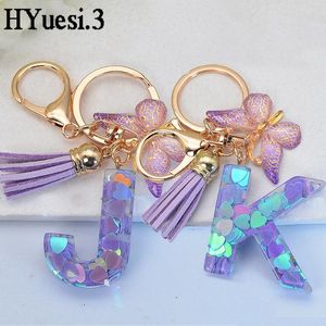 Keychains Purple Sequin Filled Name Keychain Butterfly Tassel 26 Alphabet Initials Keyrings Purse Wallet Handbag Ornament Women Girls Gift