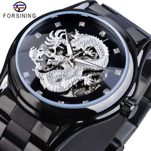 Sursining Silver Dragon Skeleton Automatyczne zegarki mechaniczne kryształowy pasek ze stali nierdzewnej zegarek zegar męski WaterProo262d