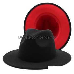 Stingy Brim Hats 2021 Red Greenwork Women Unisex Panama Wool Felt Fedora Ladies Wide Party Trilby Cowboy Hat Fashion Jazz Cap Drop D Dhskc