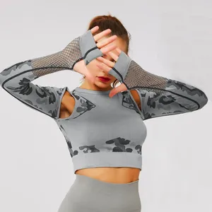Abiti da yoga Camicia mimetica Donna Sport senza cuciture Fitness Crop Top Allenamento Corsa Jogging Push Up Sport femminile
