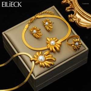 Necklace Earrings Set EILIECK 316L Stainless Steel Flower Pearl Charm Bracelet Ring For Women Fashion Waterproof Jewelry Gift