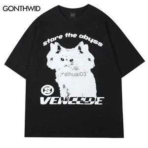 Herren T-Shirts Sommer Männer Baumwolle T-Shirt Mode Tops T-Shirts Männliche Freizeitkleidung Kurzarm Streetwear Cats Stare The Abyss Grafik T-Shirt