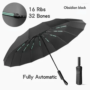 Umbrellas 16K 16 Ribs 32 Bones Strong Windproof Automatic Sun Rain Folding Umbrella Vinyl Cover UV Protector Black Sunscreen For Women Men