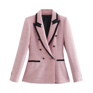 Women's Suits Women Fashion With Piping Patchwork Tweed Blazer Coat Vintage Long Sleeve Welt Pockets Female Outerwear Chic Veste