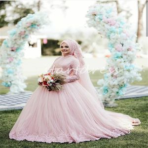 Luxuriöses rosa muslimisches islamisches Hochzeitskleid 2024 Stehkragen Langarm Spitze Ballkleider Brautkleid Tüll Spitze Landbrautkleider Vestidos Noivas Robe De Mariee Chic