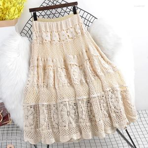 Skirts Vintage Bohemian Long Women Elastic Waist Slim Mid-Length Solid Color Wild Crochet Hollow Boho Beach Party Female Skirt