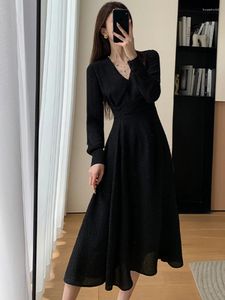 Casual Dresses Women Autumn Elegant Midi Black Dress Solid A Line Femme Fashion Office Lady Sping Clothing Vestidos