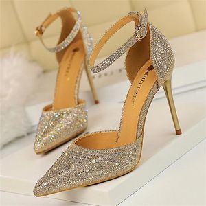 Summer Fashion Shoes Shiny Rhinestones Designer Heels Wedding Banquet Shoes Crystal Sequined Women Pumps Golden Sandals 240129