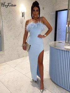 Casual Dresses Hugcitar Feather Sleeveless Slips Backless Sexy Bodycon Midi Prom Dress Skinny 2024 Fall Women Elegant Outfit Birthday Party