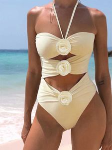 Mulheres Swimwear Em X Maiô Nupcial 2023 Novas Mulheres Bege Maiô Integrado Biquíni Push Up Strap Maiô Floral Cintura Alta Maiô J240131