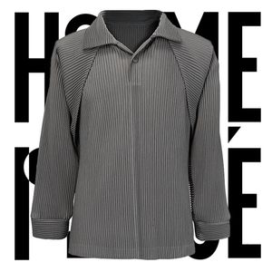 Wrinkle 2024 Japanese original pleated mens solid color loose casual lapel long sleeved polo shirt plus size clothing 240807