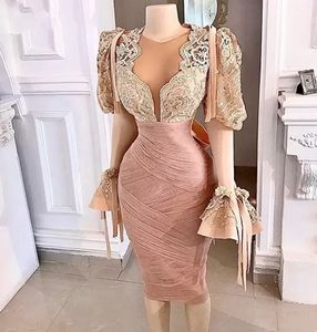 Kleines weißes Kleid Langarm Langarm Sheer O-Neck afrikanische Frauen Party Abschlussball Nacht Herbst Berühmtheit Dubai Rose Pink Spitze Cocktail Abendkleid