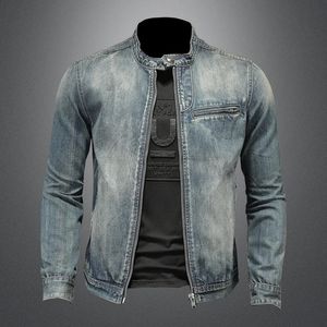 autumn mens solid color denim jacket fashion motorcycle slim fit cotton casual 240824