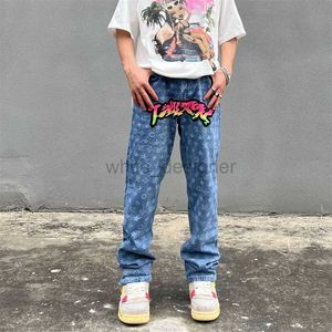 Jeans masculinos designer jeans estilo americano high street veludo bordado gradiente jeans para homens instagram na moda rua hip-hop solto perna reta calças de impressão completa