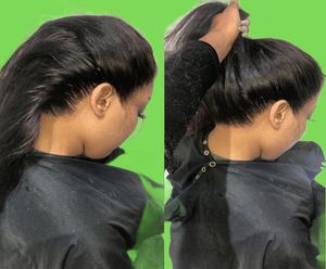 360 Dantelli Peruk Brezilya İnsan Saç Pre Plucke Siyah Kadınlar İçin Sentetik Düz Dantelli Ön Peruk Babyhair7491351