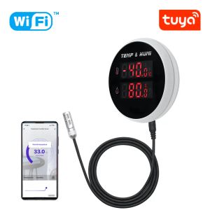 Kontrollera tuya smart wifi hygrometer termometer med yttre temperaturfuktighetsdetektor, USB -laddning eller laddningsbart batteri