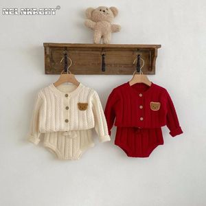 Conjuntos de roupas 2024 outono nascido bebê meninos meninas manga completa malha top jaqueta suéter shorts infantil crianças urso criança 0-3y