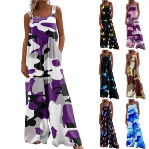 Casual Dresses Women's Overalls Funny Printed Wide Leg Jumpsuits Bib Rompers Sleeveless Straps With Pockets Outfits Vestidos De Fiesta