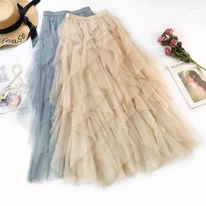 Skirts 2024 Summer Women Boho White Long Skirt High Waist Ruffles Beach Pink Jupe Femme Tulle Saia Midi Faldas