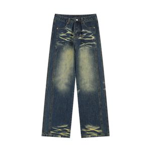 Jeans alla moda da uomo lavati e invecchiati in stile americano primaverile e autunnale con pantaloni a gamba dritta