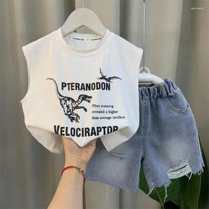 Clothing Sets Korean Fashion Summer Sleeveless Outfits Baby Boys Clothes Cotton Vest T-shirt And Jeans Pants 2pcs Kids 1-8 Years Boutique