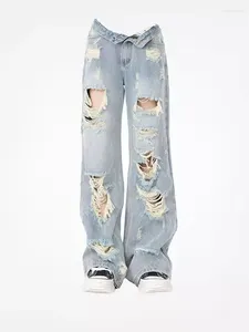 Kadınlar kot pantolon geniş bacak yüksek bel bol jean pantolon gyaru grunge harajuku yırtık delik gevşek mavi kot pantolonlar vintage