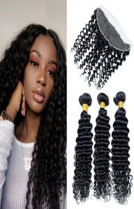 Pre Plucked Lace Frontal with Malaysian Deep Wave bundles 3pcs Malaysian Virgin Hair Bundles with Lace Frontal Unprocessed Human H9009420