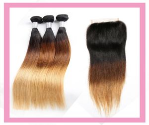 Peruvian Human Hair 1B 4 27 Hair Extensions Bundles With 4X4 Lace Closure With Baby Hair Straight 1B427 Ombre Color 4 Pieceslot4738535